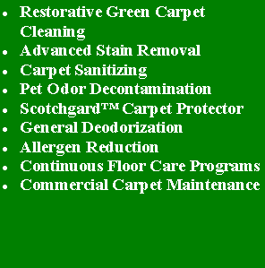 Text Box: Restorative Green Carpet CleaningAdvanced Stain RemovalCarpet SanitizingPet Odor DecontaminationScotchgard Carpet ProtectorGeneral DeodorizationAllergen ReductionContinuous Floor Care ProgramsCommercial Carpet Maintenance